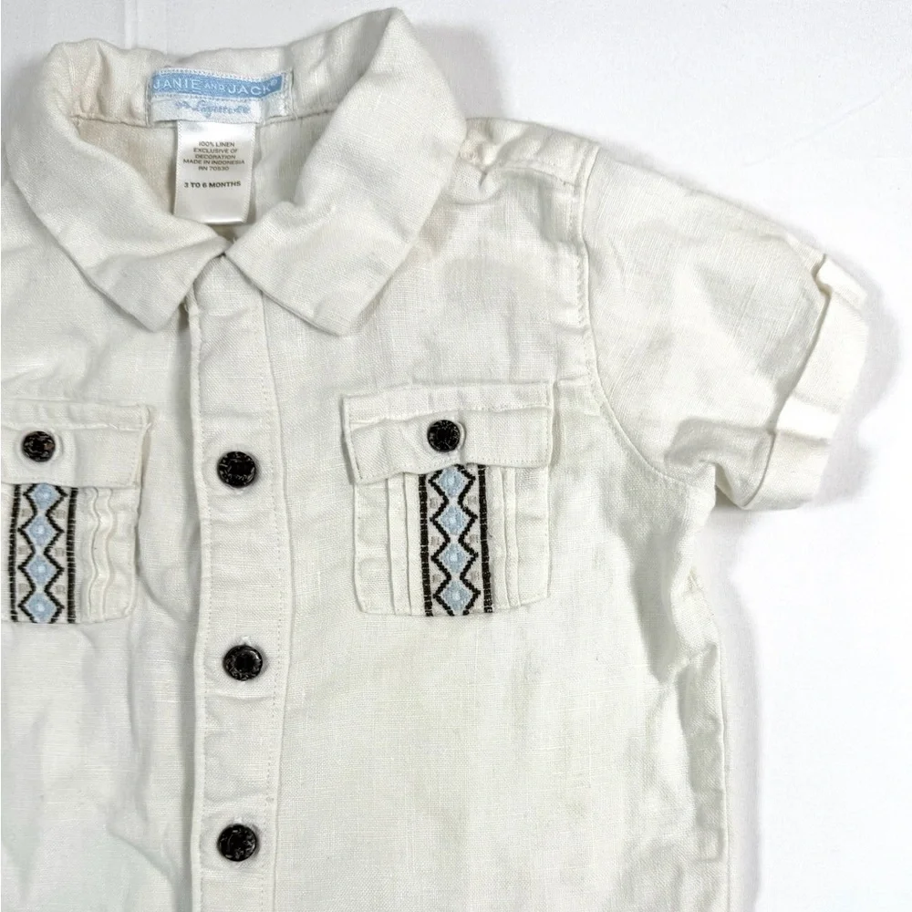 JANIE AND JACK Baby Button Up Shirt 3-6 Months Linen‎ Blend Short Sleeve Preppy